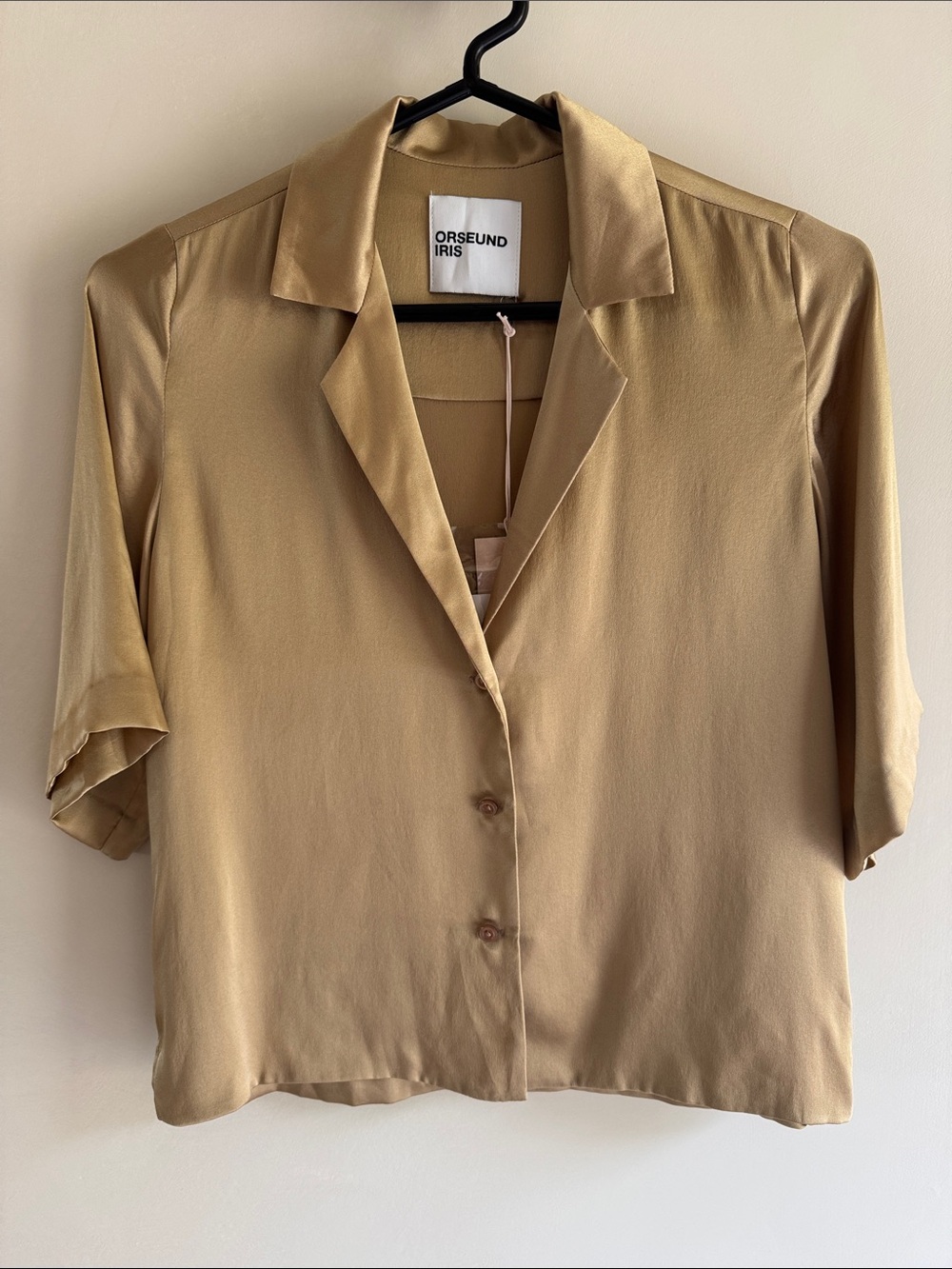 nwt orseund iris le funk silk short sleeve blouse top camel size small